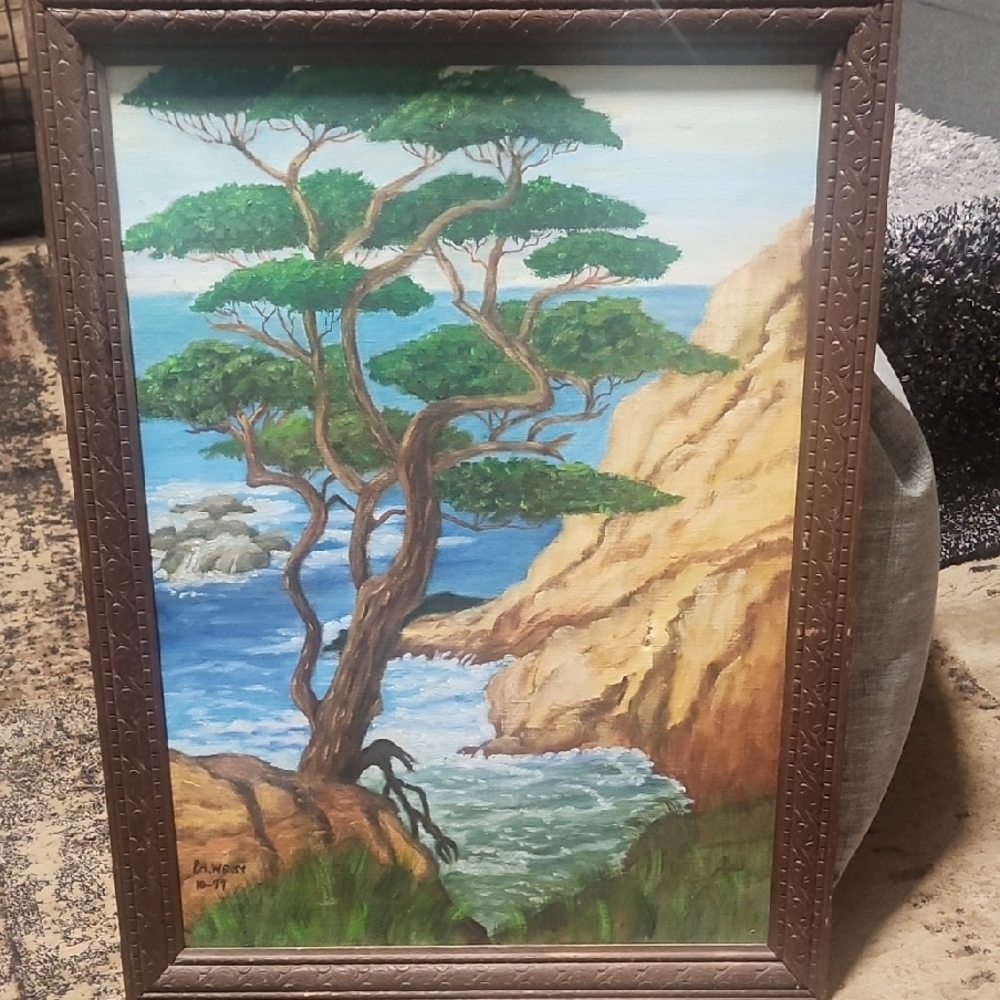 Framed Coastal Tree Oil Painting.